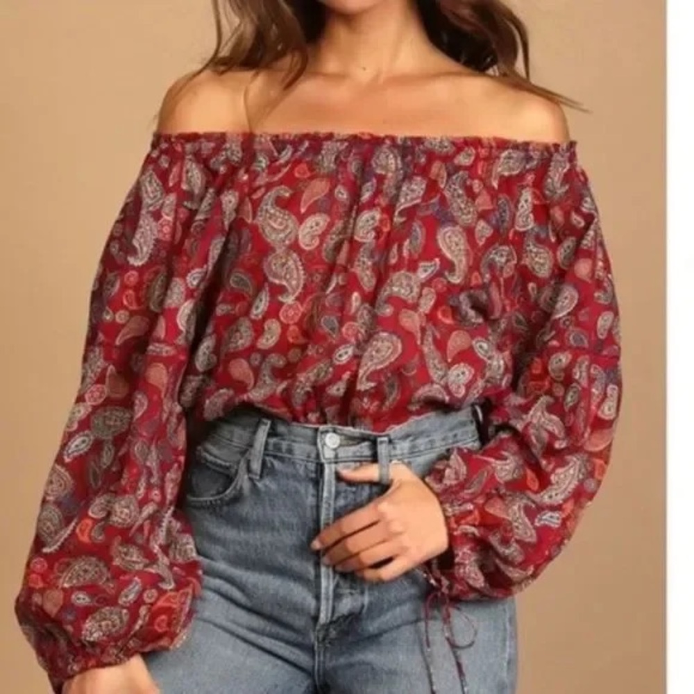 Free People Sundown Rust Red Paisley Print Off-the-Shoulder Bodysuit